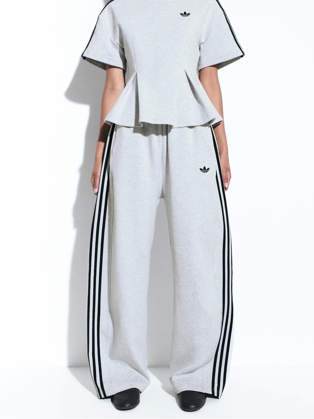 adidas Light Gray Wide-Leg Track Pants with Black Stripe Detail